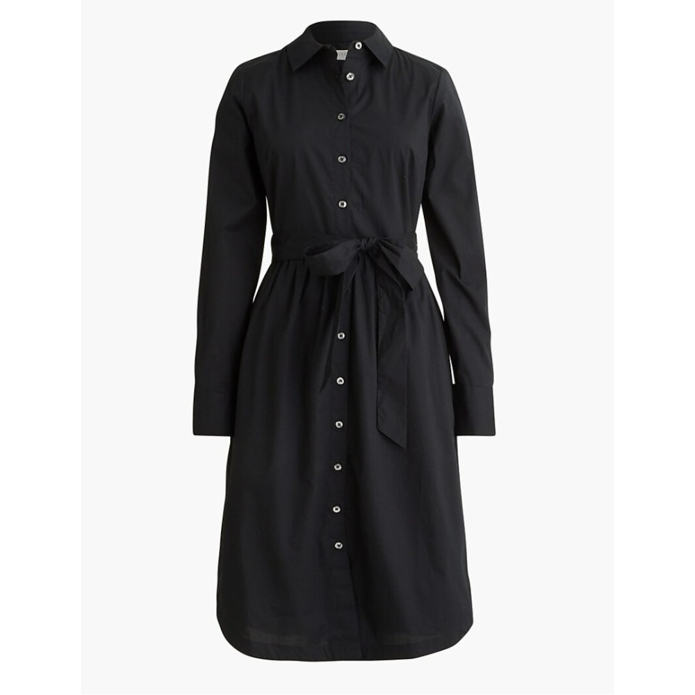 J.Crew Long-Sleeve Poplin Shirt-Dress Women 8P Black Tie-Waist Midi Pockets Chic